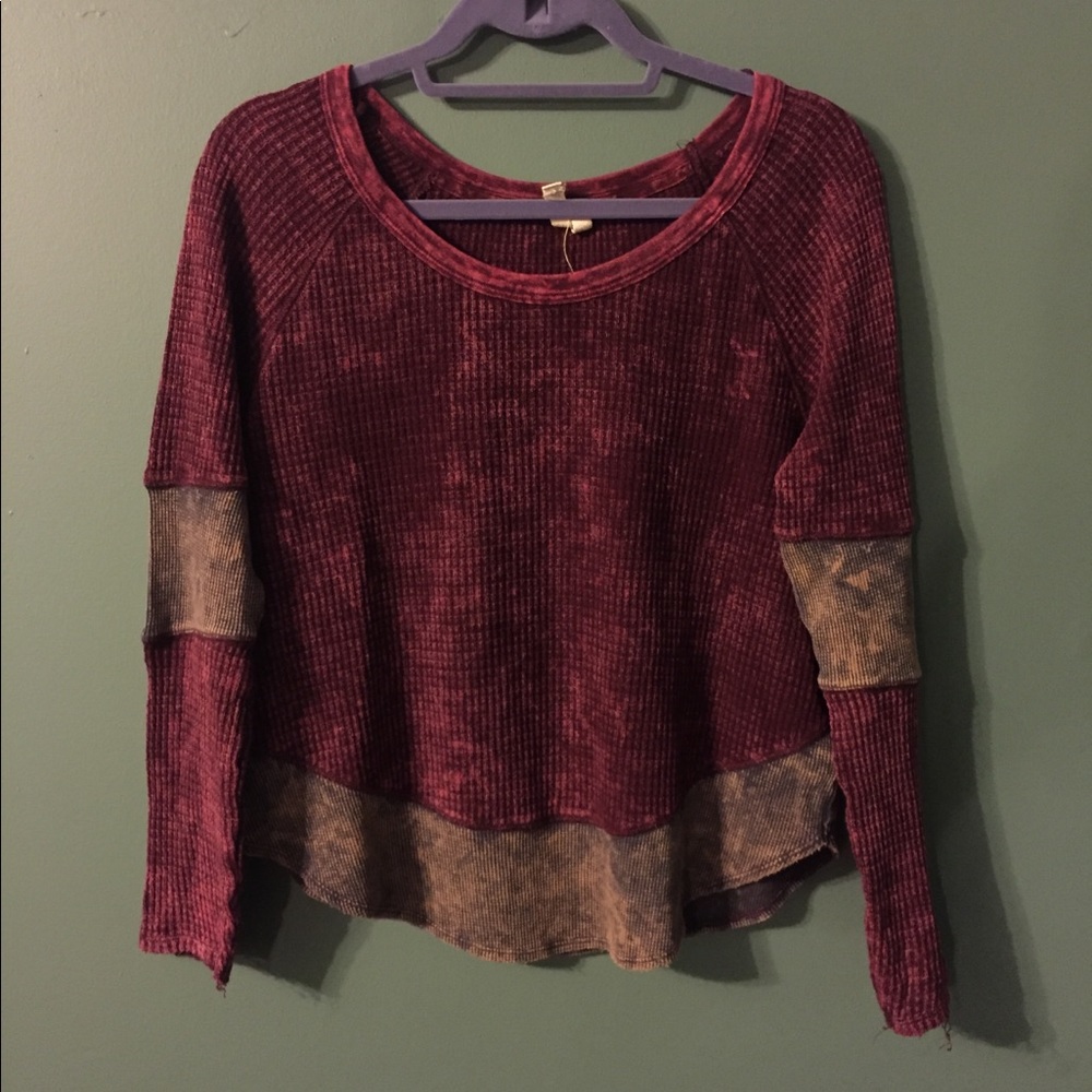 Free People Burgundy and Brown Long Sleeve Top